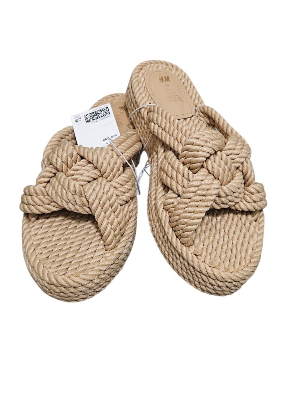 H&M Knotted Rope Beige Boho Slide Sandals NEW